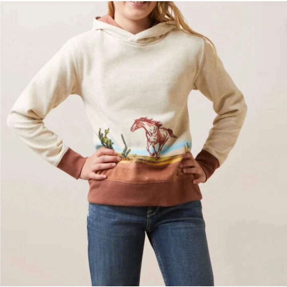 Ariat REAL Wild Horse Sweatshirt Cream & Brown Lined Girl’s Hoodie Size Med 10